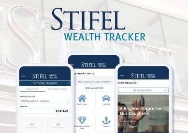 Stifel Wealth Tracker; Image of 3 cell phones with the wealth tracker features on them.