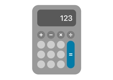 Blue calculator with dark and light gray buttons against a white background